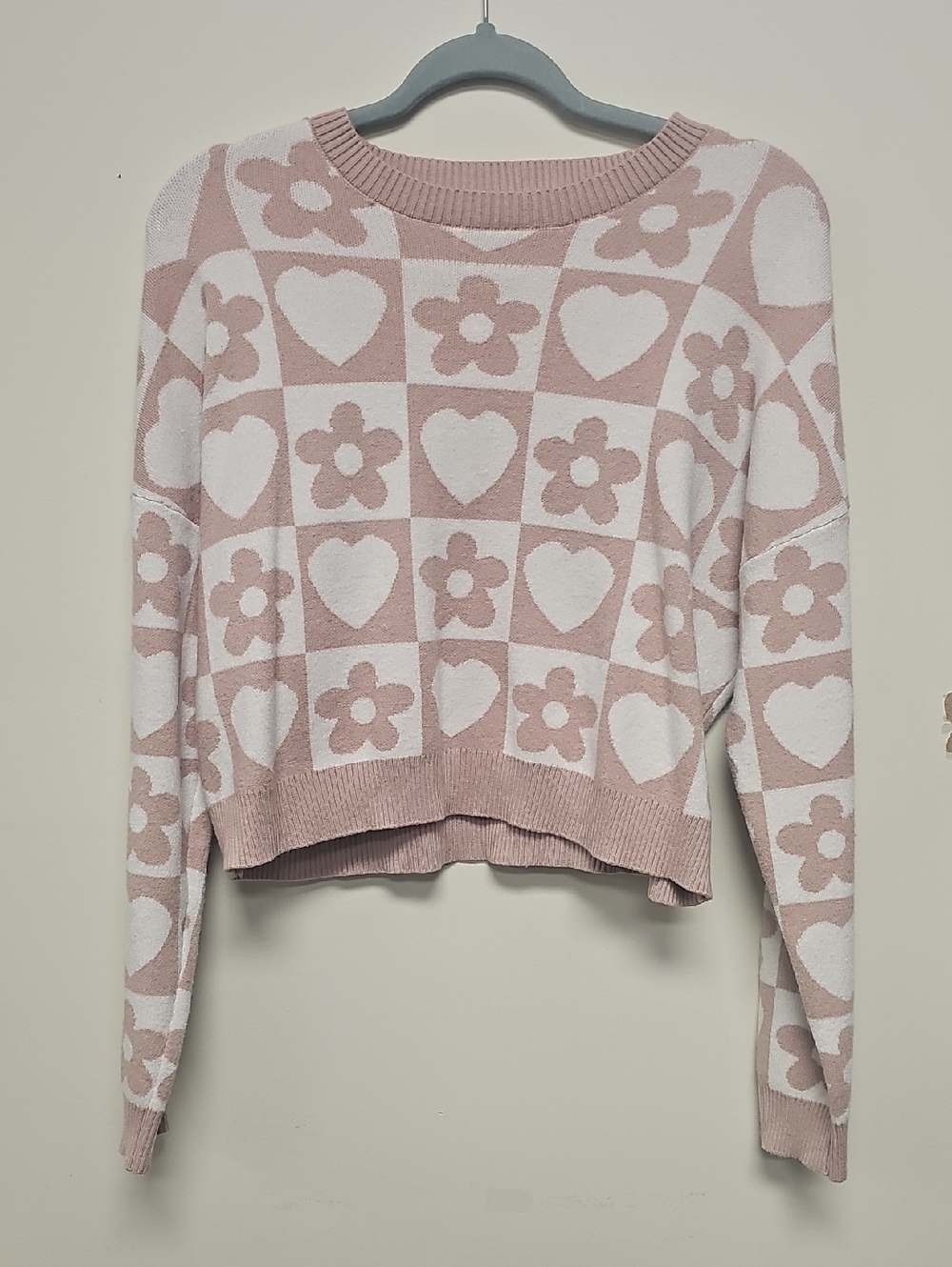 debut Pink & White Heart Flower Checker Knit Sweater